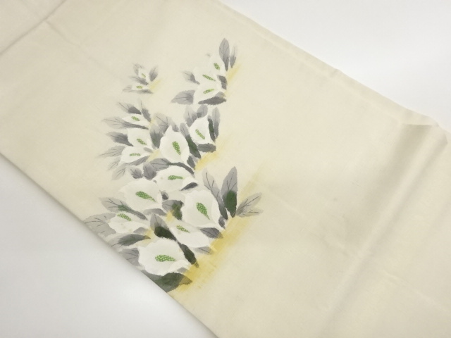 作家物　手織り紬金彩手描き抽象カラー模様名古屋帯